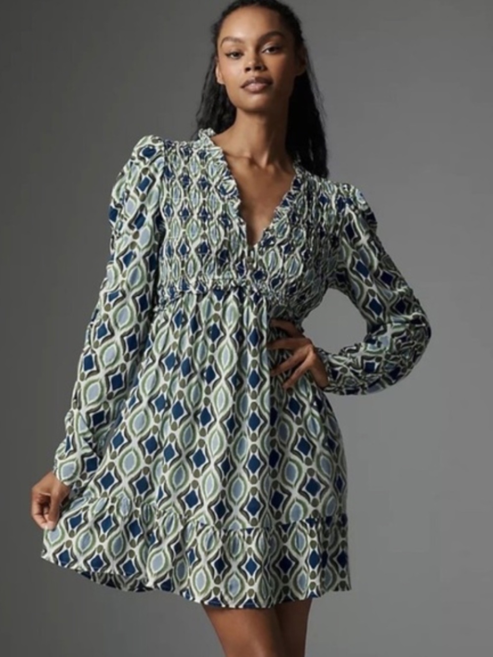 By Anthropologie Long Sleeve V-Neck Ruffle Mini Dress Blue/Green Sime M